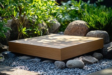 Wall Mural - Wooden platform with sunlit shadows surrounded by rocks and greenery.