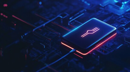 Poster - neon glowing fork icon on a dark tech background with blue and red light.