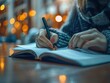 © Phoenix AI Photo - Person writing in a notebook with a pen, warm bokeh background.