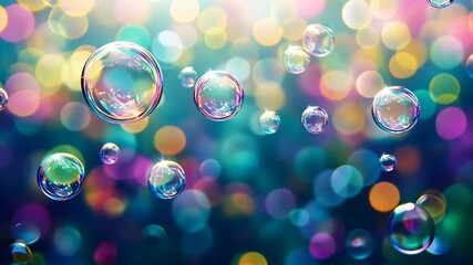 Wall Mural - a vibrant collection of iridescent soap bubbles float in the air against a colorful bokeh background