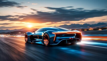 Wall Mural - Sleek black sports car with glowing orange accents racing on a modern track, blurring through vibrant sunset colors