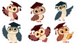 © Alena - Set of flat vector illustrations in children's style. Cute owls with glasses and graduation hat, pointing with wing and reading books. Vector illustration