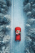 © linda_vostrovska - Aerial view of Christmas decorated car carrying gifts in a winter forest covered with snow in snowfal.
