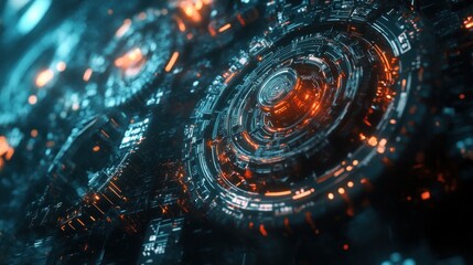 Wall Mural - abstract futuristic design with glowing orange and blue lights, resembling a complex machine or tech