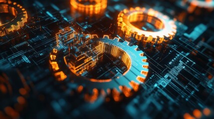 Wall Mural - abstract glowing gears on a digital circuit board background.