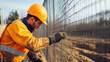 © jiratip - worker installs a mesh fence on a plot of land,