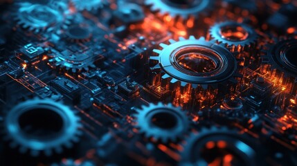 Wall Mural - close-up of a metallic gear system with blue and orange lighting.
