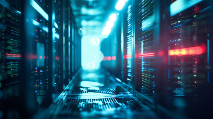 Wall Mural - data center with a row of computer servers. abstract generic concept of cyberspace, communication an