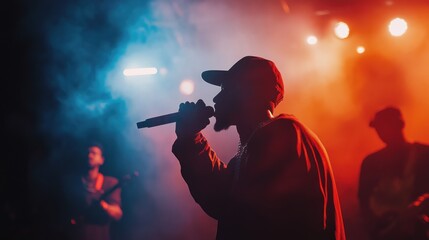Canvas Print - Silhouette of a rapper singing into a microphone on stage, illuminated by red and blue lights.