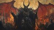 © h4kunA - A fearsome horned demon with large red wings stands amidst a fiery hellscape, surrounded by shadowy figures.