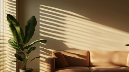 Wall Mural - A cozy living room with a plush sofa and a leafy plant, illuminated by soft sunlight casting striped shadows on the walls.