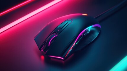 Wall Mural - close-up of a black computer mouse with neon pink and blue lighting.