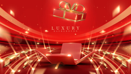 Wall Mural - open red and gold gift box on luxury background with ribbon and confetti. perfect for celebrating ho