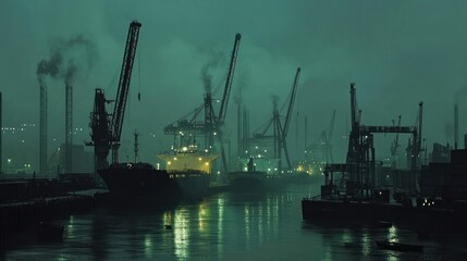  A view of a harbor at dusk with ships, cranes, and buildings.