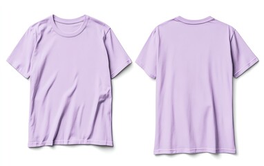 Front and back view mockup of a plain pastel pink tshirt on a white background, displayed side by side, smooth texture, realistic shadow effects, minimalistic design, sharp edges