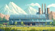 © GenerativeAIpicture - Cartoon vector industrial facility with solar energy system on the roof generating electricity in a sustainable manner