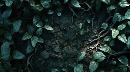 Close-up of lush green leaves and soil with roots.