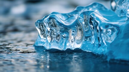 Close-up of a blue ice chunk partially submerged in water.