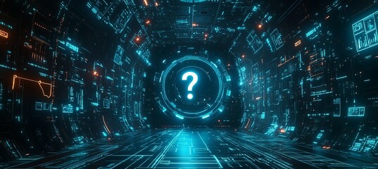 Poster - Question mark portal tunnel on virtual space technology. Generative AI technology.	
