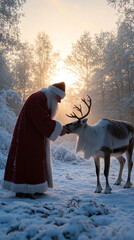 Canvas Print - Saint Nicholas Feeding Reindeer in a Snowy Forest at Dawn  