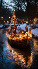 Canvas Print - Saint Nicholas Arriving by Boat on a Decorated Wooden Ship  