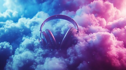 Wall Mural - Headphones resting in a blue and purple cloud with sparkle lights.