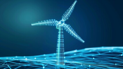 Renewable Energy Innovation Concept. digital 3D wind turbine in low poly design on a blue background, energy management, Sustainable Energy, The Future of Wind Power.
