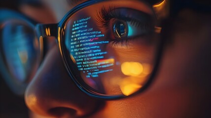 Close up View of Eyeglasses Reflecting Computer Screen Displaying Programming Code