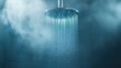 © narak0rn - Modern shower head, water droplets cascading, steam ambiance, relaxing bath atmosphere.