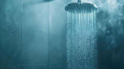 Showerhead releasing water in a steamy bathroom with blue tones, creating a tranquil and refreshing ambiance.