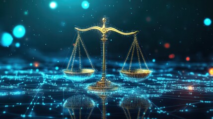 Poster - abstract scales of justice with digital technology and futuristic background.