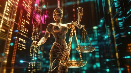 Poster - A golden statue of the Lady Justice holding a scale in front of a digital background.