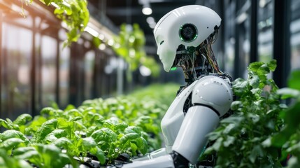 Robot Farmer Tending to Hydroponic Greens in Smart Greenhouse