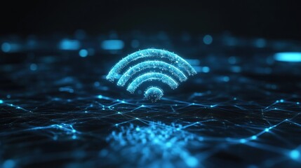 Wall Mural - Glowing blue wifi symbol on a dark background of a connected network.