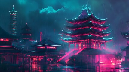 Neon Lit Futuristic Asian Cityscape with Towering Pagoda and Skyscrapers