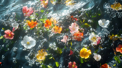 Wall Mural - floral water dance photo: colorful blooms adrift in sparkling water