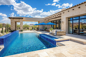 Poster - an elegant pool and outdoor area in the Arizona desert. Light cream stone walls with blue tile accents, large windows overlooking the scene