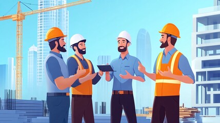 Groups of construction engineer standing and talking at a construction site, building background