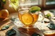 © Anastasiia S - Orange steaming tea in a transparent glass cup on a wooden table, leaves and orange lying nearby. Autumn warm light, copy space. Concept: refreshing drink, aromatic drink, vegan food and drink