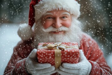 Santa Claus in snow, holding a red present with a golden ribbon, captures the joy of the holiday season.