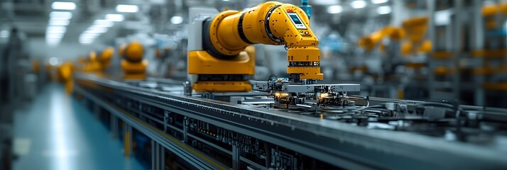 Poster - A robotic arm maneuvering with precision in an advanced,fully-automated factory assembly line,showcasing the latest advancements in industrial technology and manufacturing processes.