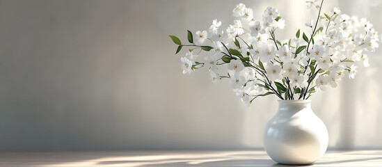 Poster - A vase on the table displays an arrangement of artificial white flowers with copy space image