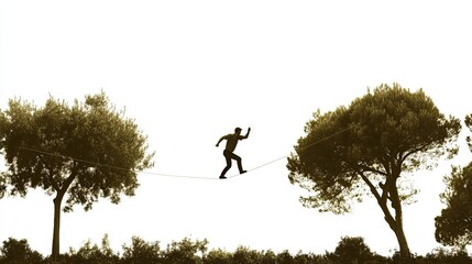 A man walks on a tightrope between two trees