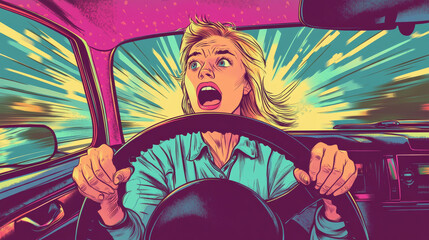 Wall Mural - A woman driving a car in a driving school is panicking, but she's trying to stay calm. The scene is drawn in a retro, pop art style. It's about cars and transportation.