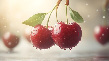 Poster - Luscious,ripe red cherries with glistening dew drops clinging to their leafy green stems,showcasing the natural beauty and freshness of this beloved seasonal fruit.