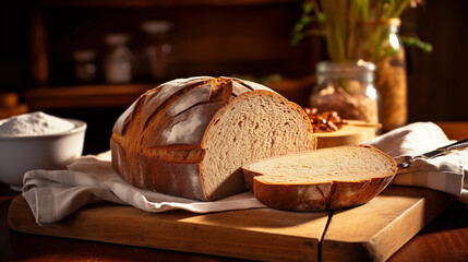 sliced whole grain bread with oats rests on a wooden board. wheat stalks in a jar enhance the rustic