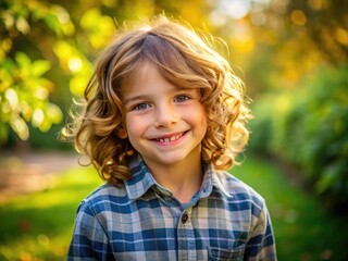 Charming Young Boy with Beautiful Hair Smiling Joyfully in a Natural Outdoor Setting