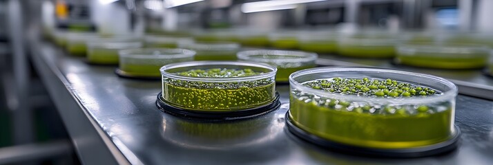 Leinwandbilder - Rows of Petri dishes containing green biological samples and organisms inside a modern scientific laboratory setting,representing scientific research,investigation,and discovery.