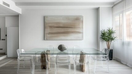 A modern, minimalist dining space with a clear glass table, acrylic chairs, and a statement art piece on the wall