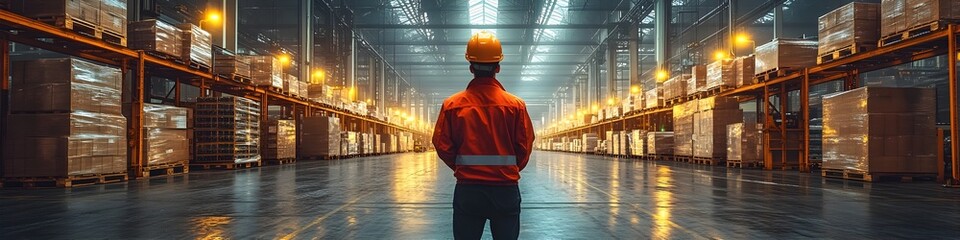 Poster - Warehouse worker in safety gear inspecting inventory and logistics in a large industrial distribution facility with rows of shelving and stacked crates or boxes. Concept of supply chain,storage.